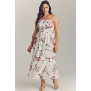 Anthropologie‎ Somerset Strapless Floral Chiffon Midi Dress Ivory NWT Size L